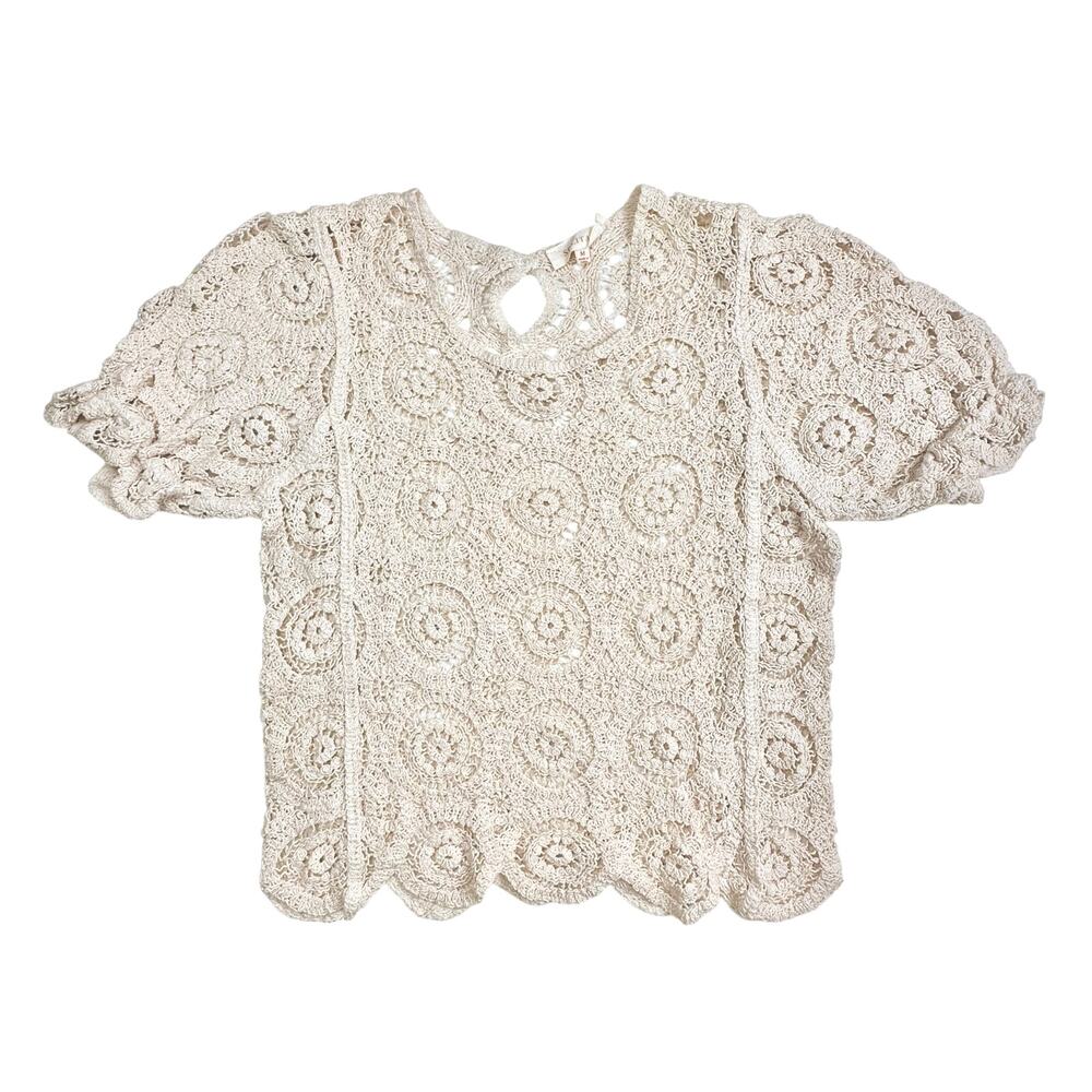 Solitaire | Women | Neutral Beige Crochet Open Knit Boho Scalloped Top | Medium - Picture 13 of 14